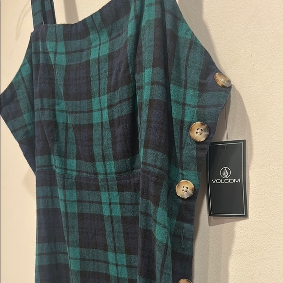 Volcom Plaid Green navy side button a line Dress large new with tags - Picture 2 of 5
